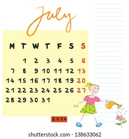 july 2014 calendar illustration, hand drawn design with kid, the caring student profile for international schools