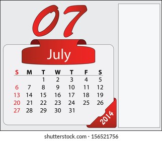 July 2014 calendar with red labels and free space. Abstract editable isolated Sunday start calendar vector design. 