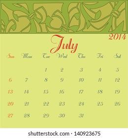 July 2014 calendar vector illustration template leaves design