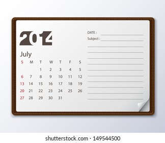 July 2014 Calendar, Vector illustration.
