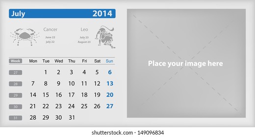 July 2014 Calendar and Zodiac Vector illustration. EPS 10