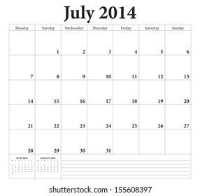 July 2014 -planning calendar. Weeks start on Monday.