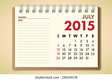 July 2015 Calendar Notebook Paper Vector 