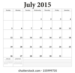 July  2015 -planning calendar. Weeks start on Sunday.