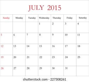 July 2015 -planning calendar. weeks start on sunday. vector design template.