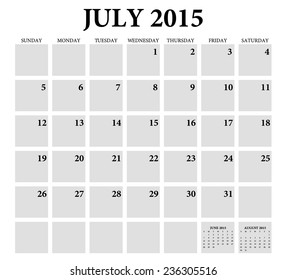 July 2015 -planning calendar. Weeks start on Sunday.
