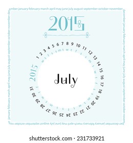 July. 2015 round calendar. Vector illustration.