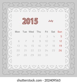 July 2015 year, month calendar, vector illustration.
