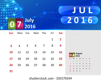 July 2016 Calendar, Abstract  Dotted Blue Globe 2016 Calendar, 2016 Calendar Vector Design. Vector Illustration.