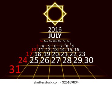 July 2016 calendar dark technology 3d style abstract background. Vector Illustration.
