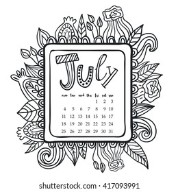 July 2016 calendar. Doodle frame. Cute floral decorated frame. Printable page for coloring.