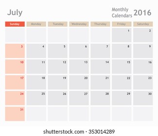 July 2016 calendar planner, monthly calender, vector illustrator