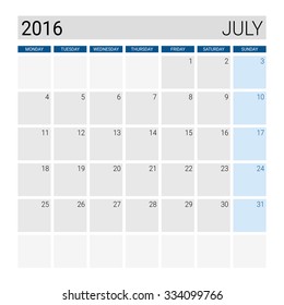 July 2016 calendar, weeks start from Monday