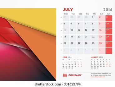 July 2016. Desk Calendar for 2016 Year. Vector Stationery Design Template with Material Design Abstract Background, Company Logo and Contact Information. Week Starts Monday