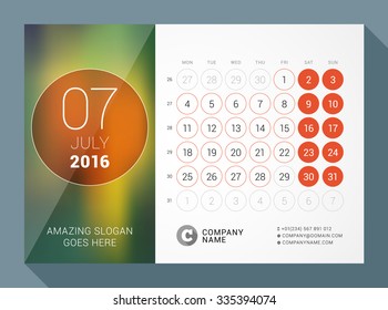 July 2016. Desk Calendar for 2016 Year. Vector Design Print Template with Place for Photo and Circles. Week Starts Monday. Calendar Grid with Week Numbers
