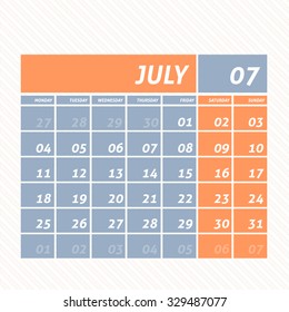 July 2016 Flat Calendar Design - Week Starts Monday