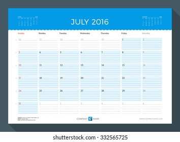 July 2016. Monthly Calendar Planner for 2016 Year. Vector Design Print Template. Week Starts Sunday