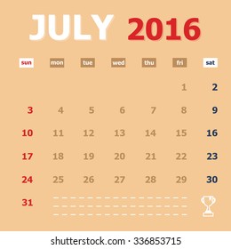 July 2016 monthly calendar template, Vector Illustration