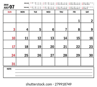 July 2016 -planning calendar / Calendar to schedule monthly - July 2016
