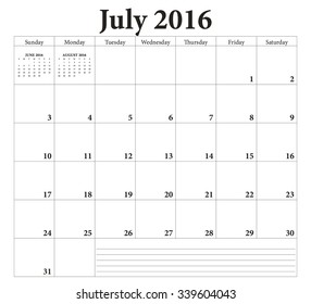 July 2016 Planning Calendar Weeks Start Stock Vector (Royalty Free ...