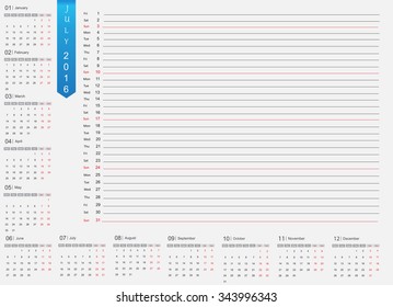 July 2016 planning calendar.Vector illustration.