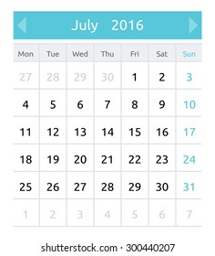 July 2016. Simple european calendar for 2016 year - one month grid. Clean and neat. Only plain colors - easy to recolor. Vector illustration.