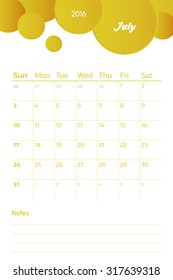 July 2016. Simple european calendar for 2016 year one month grid and place to notes. Vector illustration.