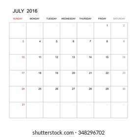 July 2016 - Vector calendar template design for planning. Week start from Sunday.