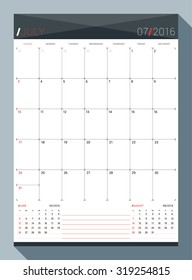 July 2016. Vector Design Print Template. Monthly Calendar Planner for 2016 Year. 3 Months on Page. Week Starts Sunday