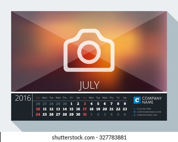 July 2016. Vector Stationery Design. Print Template. Desk Calendar for 2016 Year. Place for Photo, Logo and Contact Information. Week Starts Sunday