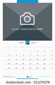 July 2016. Wall Monthly Calendar for 2016 Year. Vector Design Print Template with Place for Photo. Week Starts Monday. Portrait Orientation