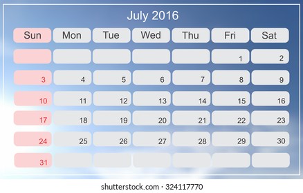 July 2016.Planning calendar for july 2016.Vector illustration.