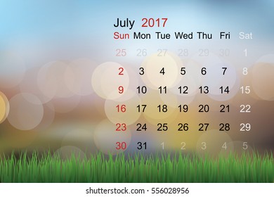 July 2017 - Abstract calendar with light blur bokeh background. Vector illustration.
