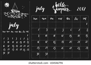 July 2017 calendar with calligraphy elements and sea boat on black background. Week starts Sunday.