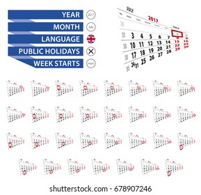 July 2017 calendar collection, highlighted day of april. Week starts from Monday. Vector Illustration.
