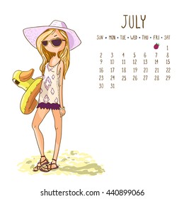 July. 2017 calendar with cute girl in a hat with a swimming circle duck. Can be used like greeting cards.