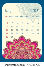 July 2017 Calendar decorated with circular flower mandala. Vector illustration