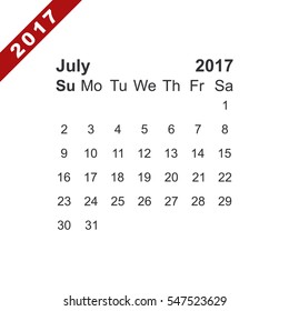 July 2017 Calendar Icon Vector flat design style