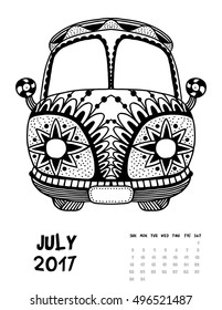 July, 2017 calendar. Line Art Black and white Illustration. Van. Print anti-stress coloring page.