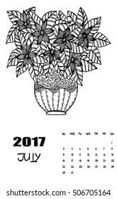 July, 2017 calendar. Line Art Black and white Illustration. Flower pot. Print anti-stress coloring page