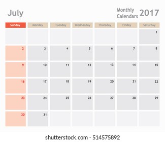 July 2017 calendar planner, monthly calendar, vector illustrator