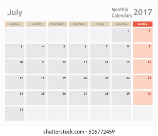  July 2017 calendar planner, monthly calendar, vector illustrator