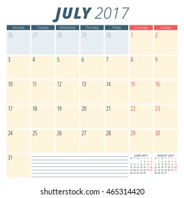 July 2017. Calendar Planner for 2017 Year. Week Starts Monday. Stationery Design. Vector Calendar Template