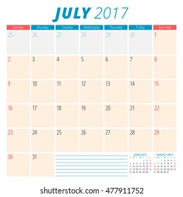 July 2017. Calendar Planner for 2017 Year. Week Starts Sunday. Stationery Design. 3 Months on Page. Vector Calendar Template