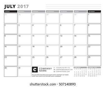 July 2017. Calendar Planner for 2017 Year. Week Starts Sunday. Black and White Color Theme. Stationery Design