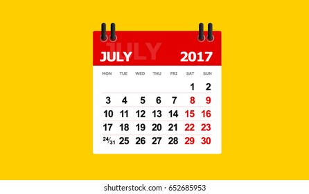 july 2017 calendar vector isolated on yellow background