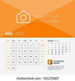 July 2017. Calendar for 2017 Year. Week Starts Sunday. 2 Months on Page. Vector Design Print Template with Place for Photo and Company Logo