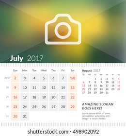 July 2017. Desk Calendar for 2017 Year. Week Starts Sunday. 2 Months on Page. Vector Design Print Template with Place for Photo