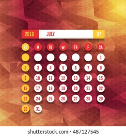 July 2017 Full Calendar Template - Polygonal Background, Promotion Poster Vector Design, Week Starts Sunday