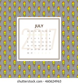 July 2017. One month calendar vector template in a page, square format. Hand drawn seamless pattern with ice cream cones on background. Week starts on Sunday. Green, gray, yellow and red colors